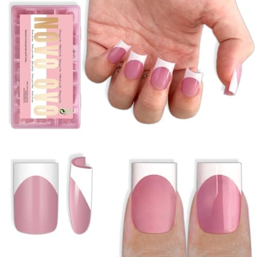NOVO OVO Sharp Square White French Tips, Berry Pink