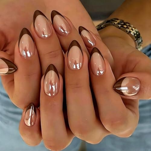 KQueenest Glazed Brown Chrome French, Short Almond