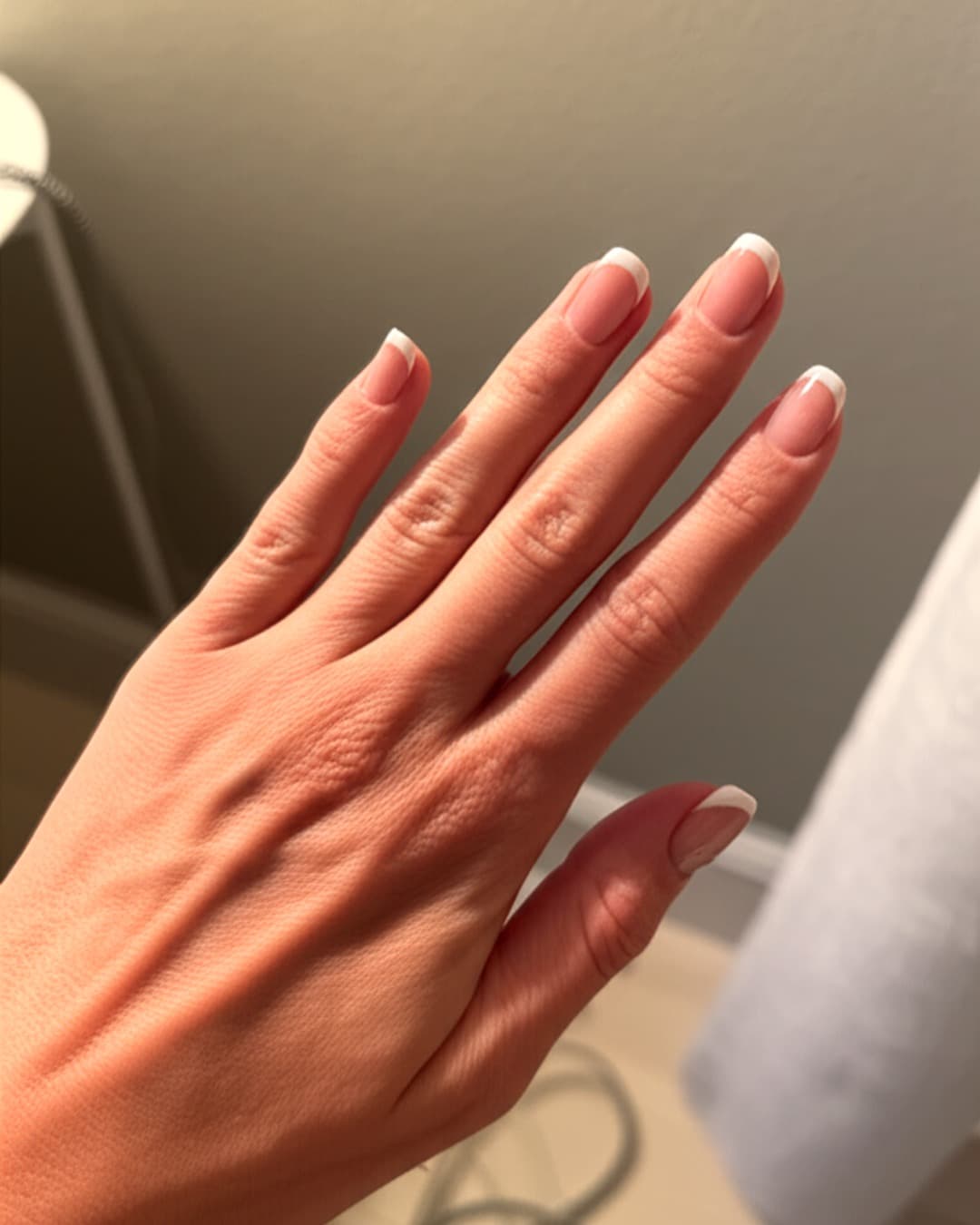 Subtle micro French tips on short oval nails